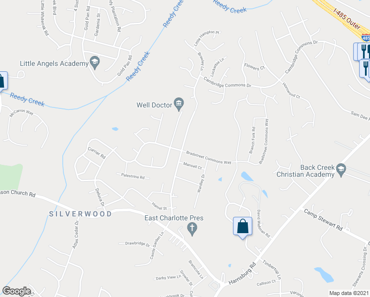 map of restaurants, bars, coffee shops, grocery stores, and more near 10107 Bradstreet Commons Way in Charlotte