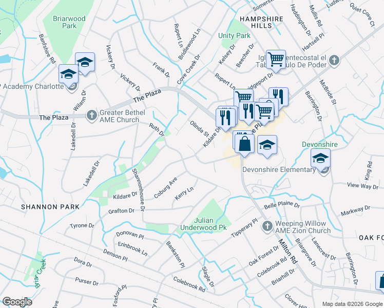map of restaurants, bars, coffee shops, grocery stores, and more near 5524 Joyce Drive in Charlotte