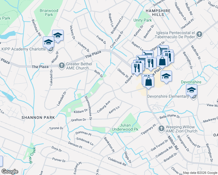 map of restaurants, bars, coffee shops, grocery stores, and more near 5610 Ruth Drive in Charlotte