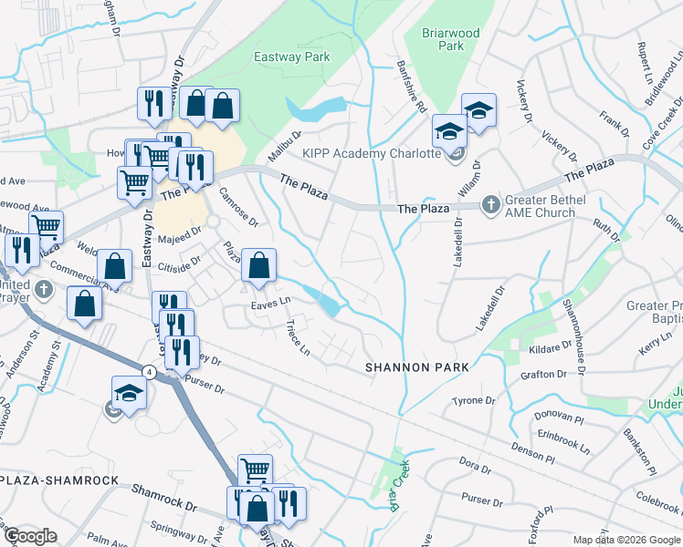 map of restaurants, bars, coffee shops, grocery stores, and more near 4800 Lyerly Drive in Charlotte