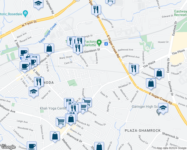 map of restaurants, bars, coffee shops, grocery stores, and more near 801 Anderson Street in Charlotte