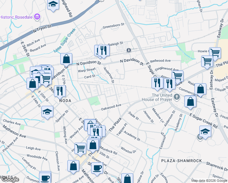 map of restaurants, bars, coffee shops, grocery stores, and more near 801 Anderson Street in Charlotte