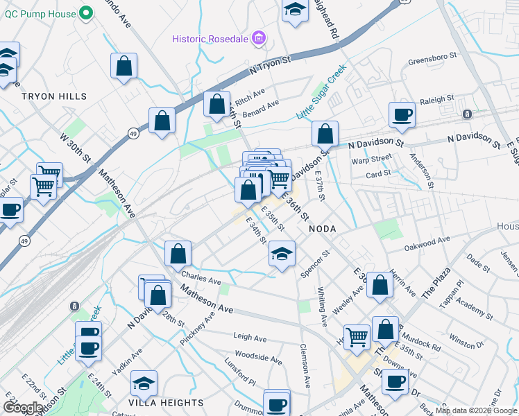 map of restaurants, bars, coffee shops, grocery stores, and more near in Charlotte