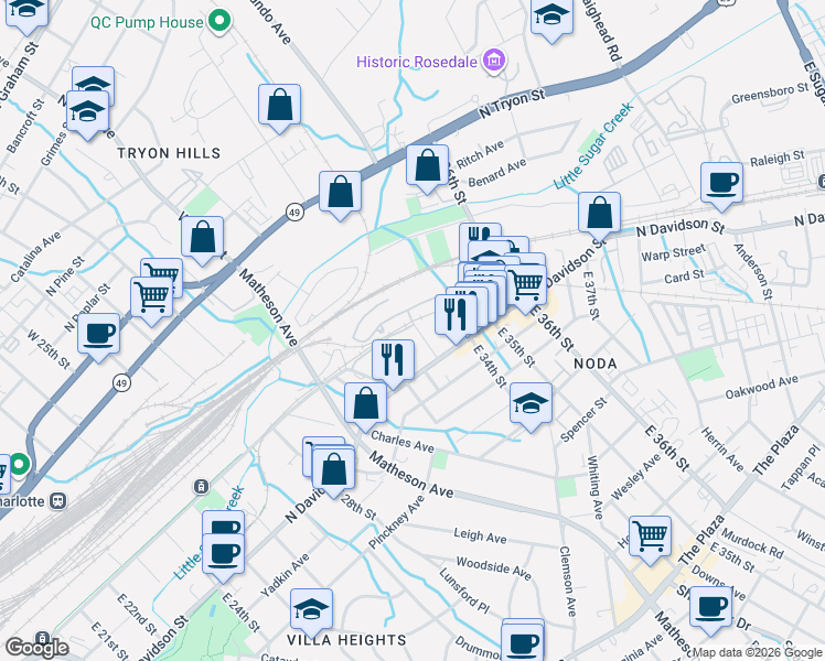 map of restaurants, bars, coffee shops, grocery stores, and more near 404 East 33rd Street in Charlotte