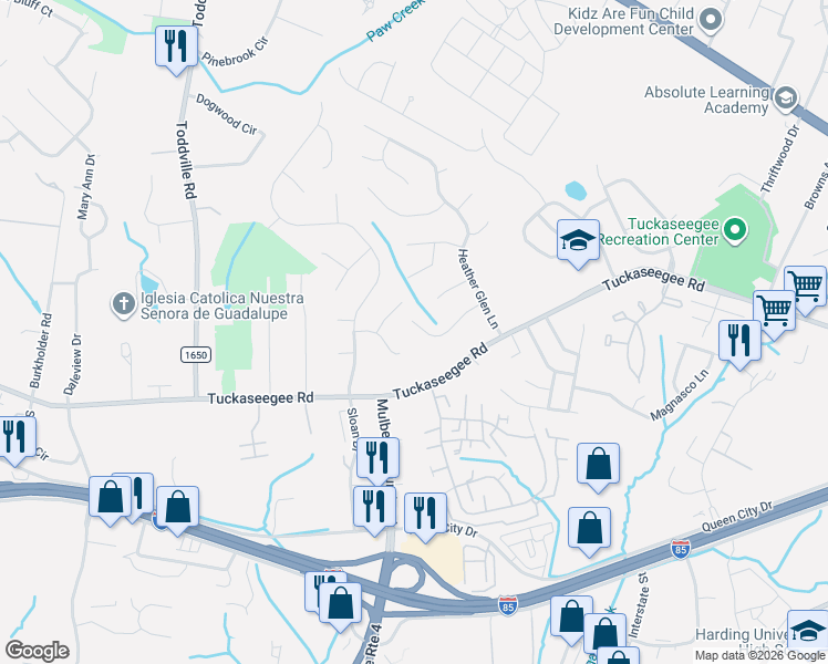 map of restaurants, bars, coffee shops, grocery stores, and more near 5543 Whistlewood Lane in Charlotte