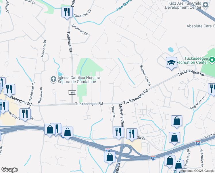 map of restaurants, bars, coffee shops, grocery stores, and more near 5817 Ness Court in Charlotte