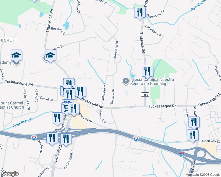 map of restaurants, bars, coffee shops, grocery stores, and more near 2633 Burkholder Road in Charlotte
