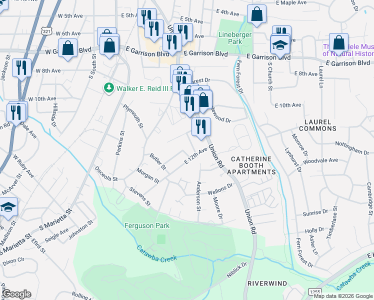 map of restaurants, bars, coffee shops, grocery stores, and more near 1217 Anderson Street in Gastonia