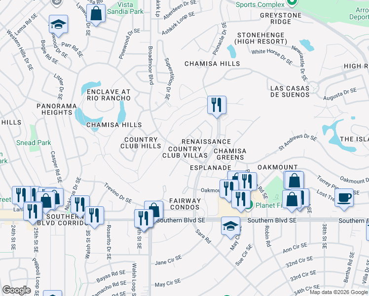 map of restaurants, bars, coffee shops, grocery stores, and more near 3113 Renaissance Drive Southeast in Rio Rancho