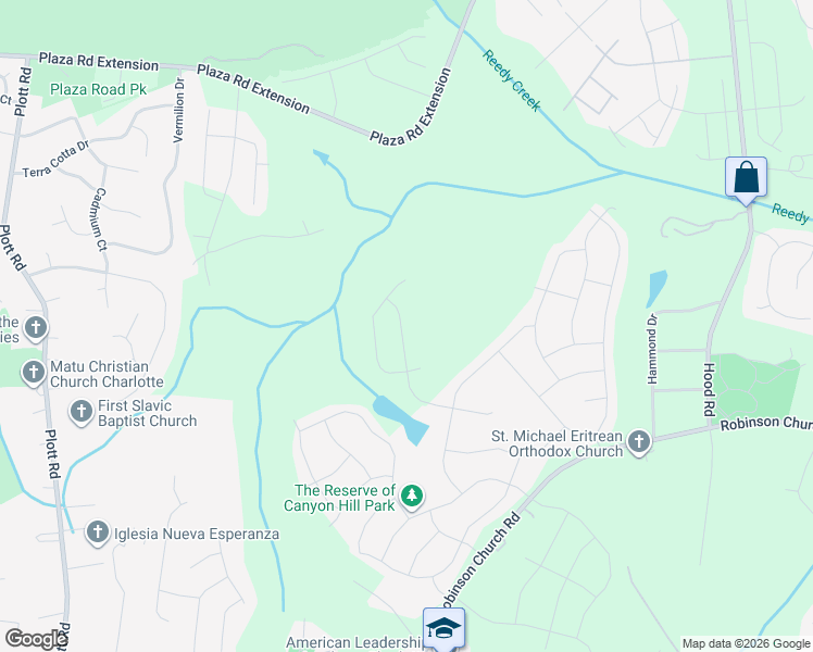 map of restaurants, bars, coffee shops, grocery stores, and more near 7348 Amberly Hills Road in Charlotte