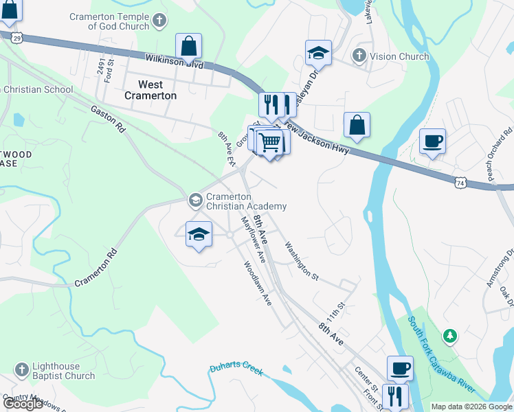 map of restaurants, bars, coffee shops, grocery stores, and more near 287 8th Avenue in Cramerton