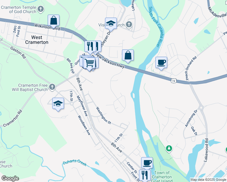 map of restaurants, bars, coffee shops, grocery stores, and more near 1051 Cramerton Village Drive in Cramerton