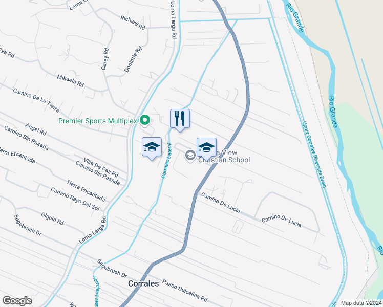 map of restaurants, bars, coffee shops, grocery stores, and more near 115 Academy Drive in Corrales