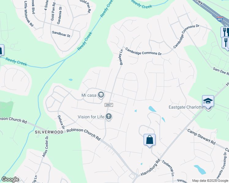 map of restaurants, bars, coffee shops, grocery stores, and more near 10107 Bradstreet Commons Way in Charlotte