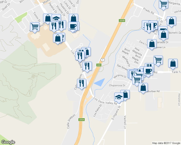map of restaurants, bars, coffee shops, grocery stores, and more near 1460 Calle Joaquin in San Luis Obispo