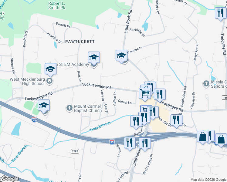 map of restaurants, bars, coffee shops, grocery stores, and more near 4404 Charles Patrick Court in Charlotte