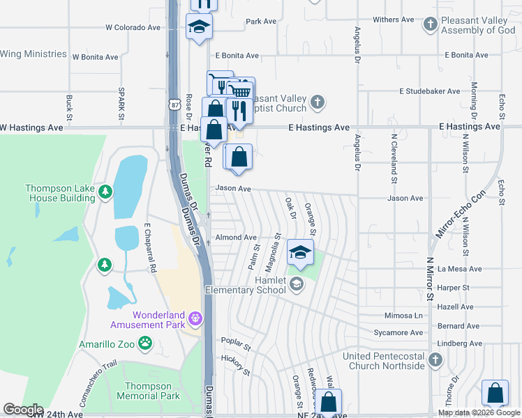 map of restaurants, bars, coffee shops, grocery stores, and more near 3117 Magnolia Street in Amarillo