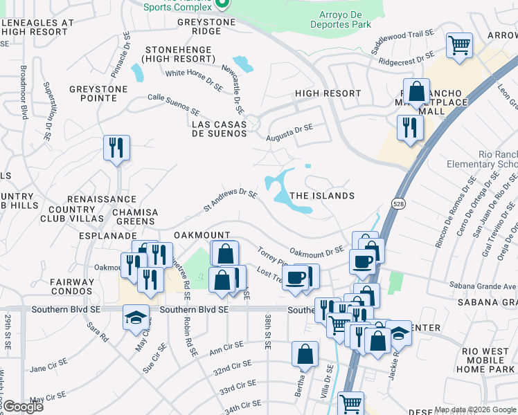map of restaurants, bars, coffee shops, grocery stores, and more near 3709 Saint Andrews Drive Southeast in Rio Rancho