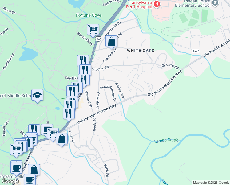 map of restaurants, bars, coffee shops, grocery stores, and more near 214 Azalea Avenue in Brevard