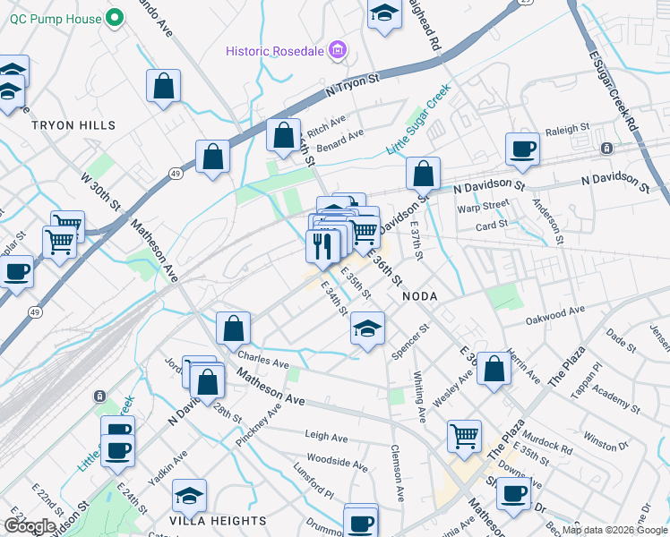 map of restaurants, bars, coffee shops, grocery stores, and more near 3116 North Davidson Street in Charlotte