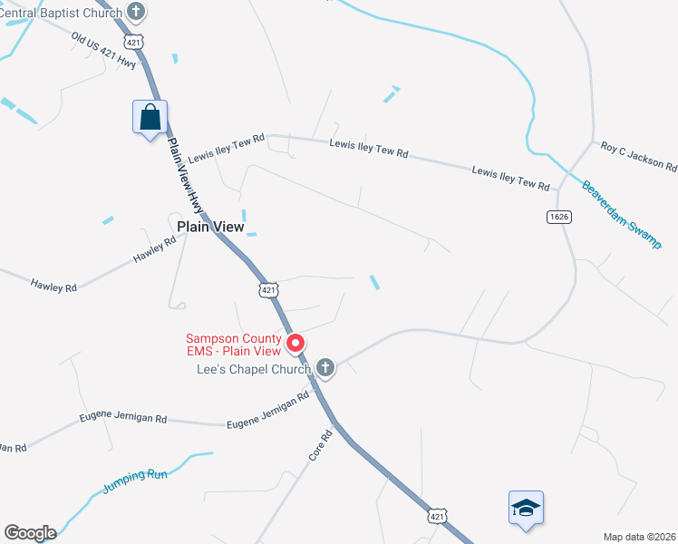 map of restaurants, bars, coffee shops, grocery stores, and more near 189 Christy Lane in Dunn