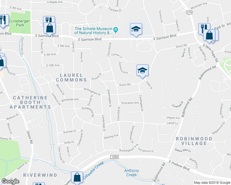 map of restaurants, bars, coffee shops, grocery stores, and more near 1135 Churchill Drive in Gastonia