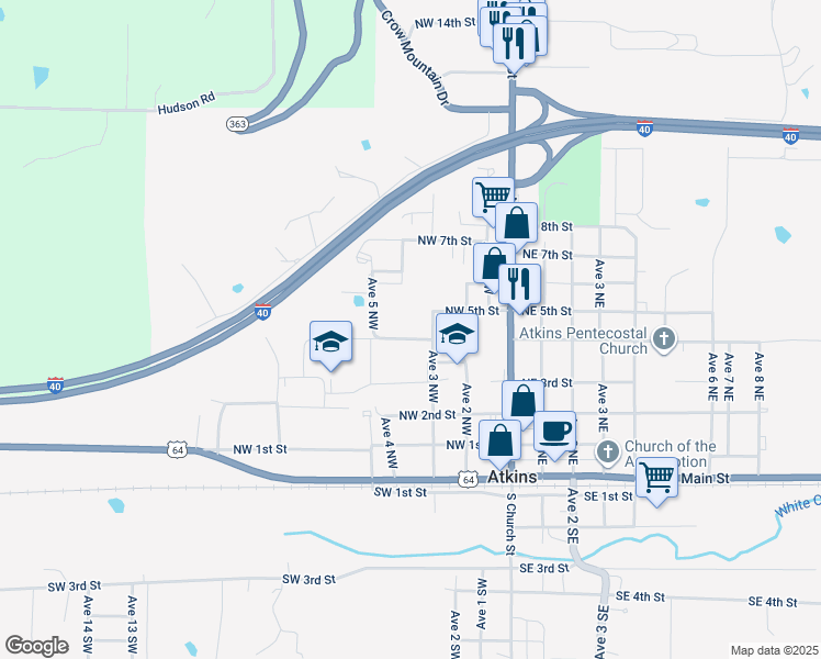 map of restaurants, bars, coffee shops, grocery stores, and more near 504 NW 4th St in Atkins