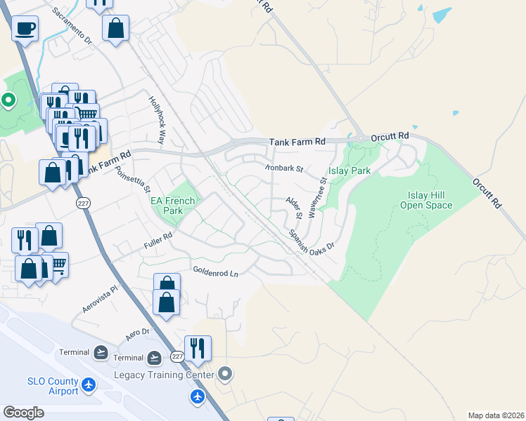 map of restaurants, bars, coffee shops, grocery stores, and more near 4431 Brookpine Drive in San Luis Obispo