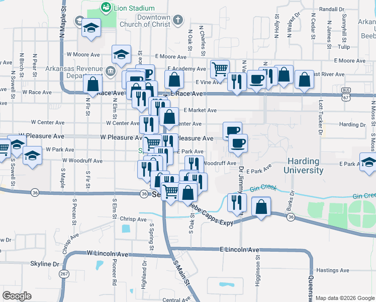 map of restaurants, bars, coffee shops, grocery stores, and more near in Searcy