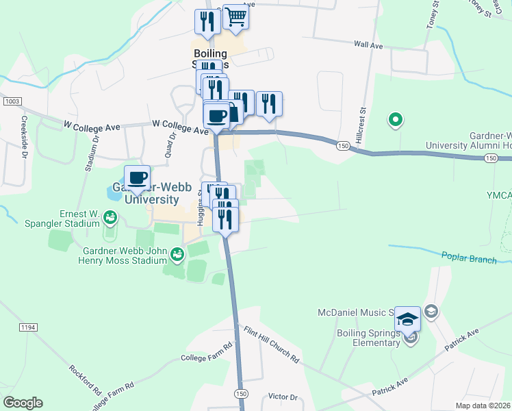 map of restaurants, bars, coffee shops, grocery stores, and more near 116 East Branch Avenue in Shelby