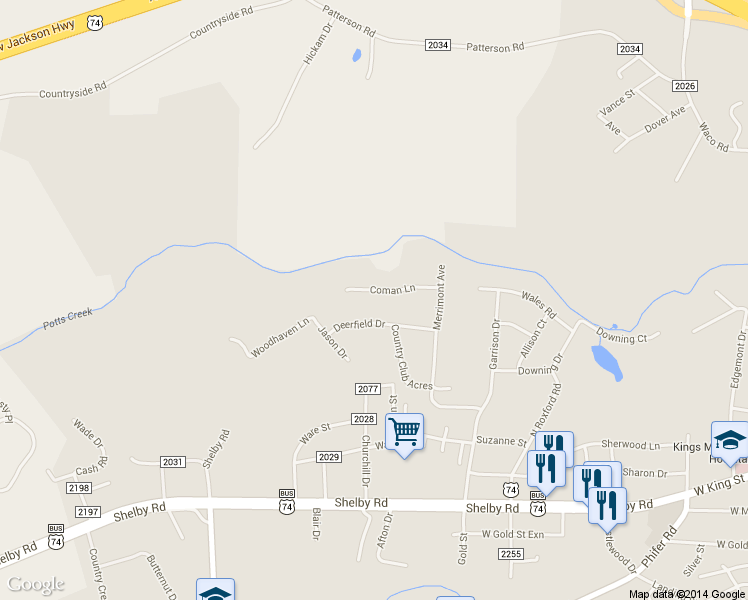 map of restaurants, bars, coffee shops, grocery stores, and more near 525 Coman Ln in Kings Mountain