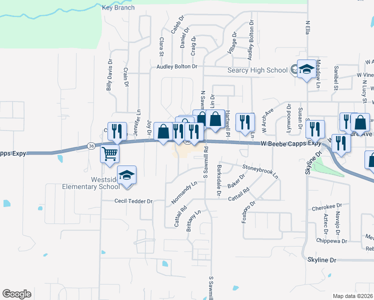 map of restaurants, bars, coffee shops, grocery stores, and more near 2307 West Beebe Capps Expressway in Searcy