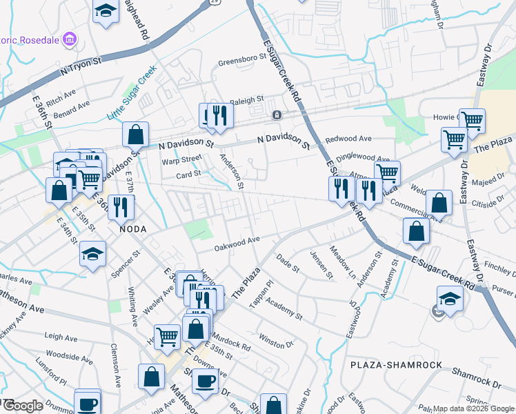map of restaurants, bars, coffee shops, grocery stores, and more near 801 Anderson Street in Charlotte