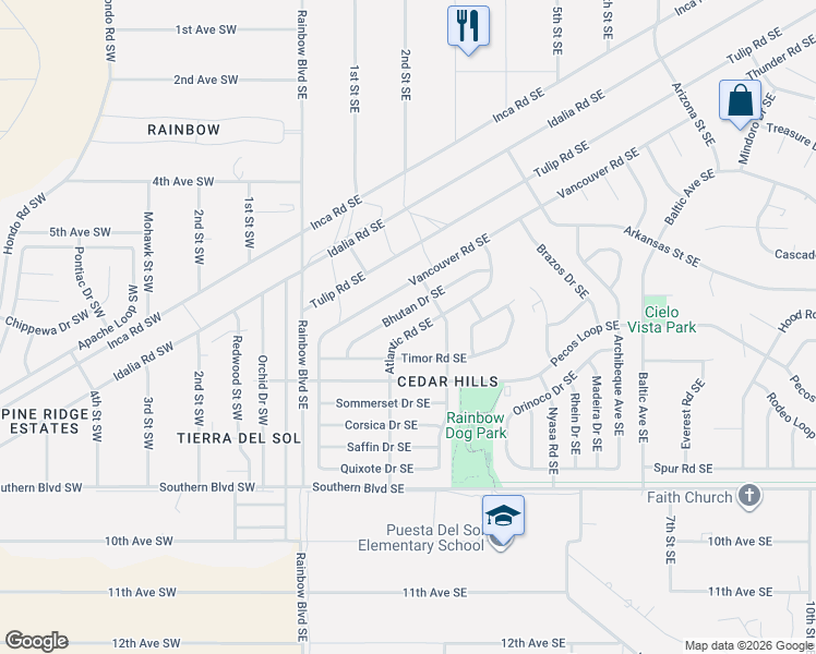 map of restaurants, bars, coffee shops, grocery stores, and more near 698 Atlantic Road Southeast in Rio Rancho