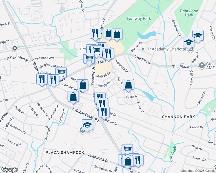 map of restaurants, bars, coffee shops, grocery stores, and more near 3605 Citiside Drive in Charlotte