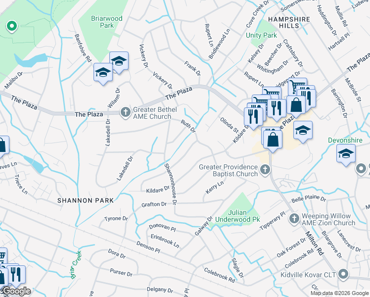 map of restaurants, bars, coffee shops, grocery stores, and more near 5415 Dolphin Lane in Charlotte