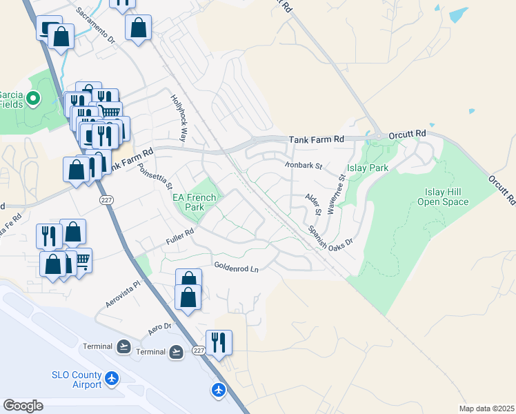 map of restaurants, bars, coffee shops, grocery stores, and more near 4404 Sunflower Way in San Luis Obispo