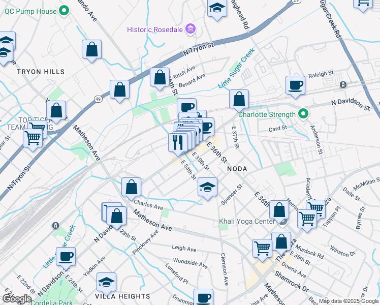 map of restaurants, bars, coffee shops, grocery stores, and more near 3120 North Davidson Street in Charlotte