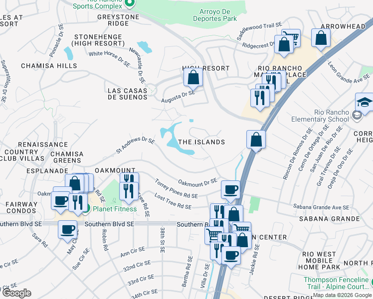 map of restaurants, bars, coffee shops, grocery stores, and more near 611 Eastlake Court Southeast in Rio Rancho