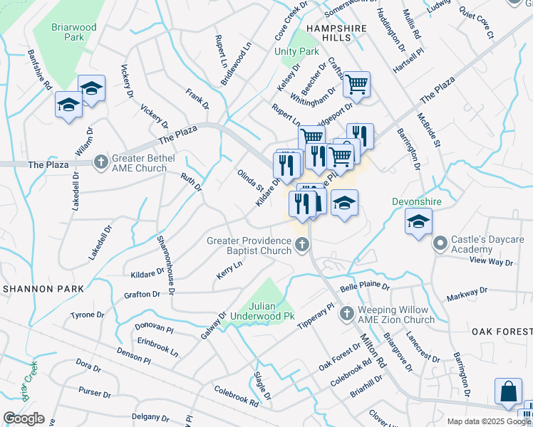 map of restaurants, bars, coffee shops, grocery stores, and more near 5618 Kildare Drive in Charlotte