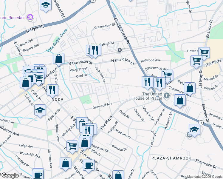 map of restaurants, bars, coffee shops, grocery stores, and more near 801 Anderson Street in Charlotte