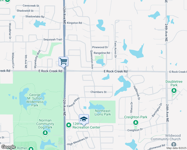 map of restaurants, bars, coffee shops, grocery stores, and more near 2309 Bruckner Drive in Norman