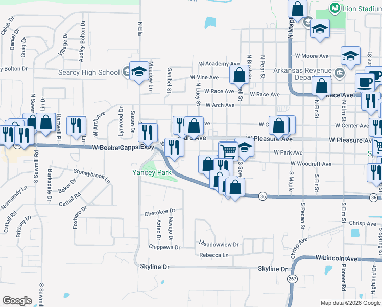 map of restaurants, bars, coffee shops, grocery stores, and more near 1505 West Park Avenue in Searcy