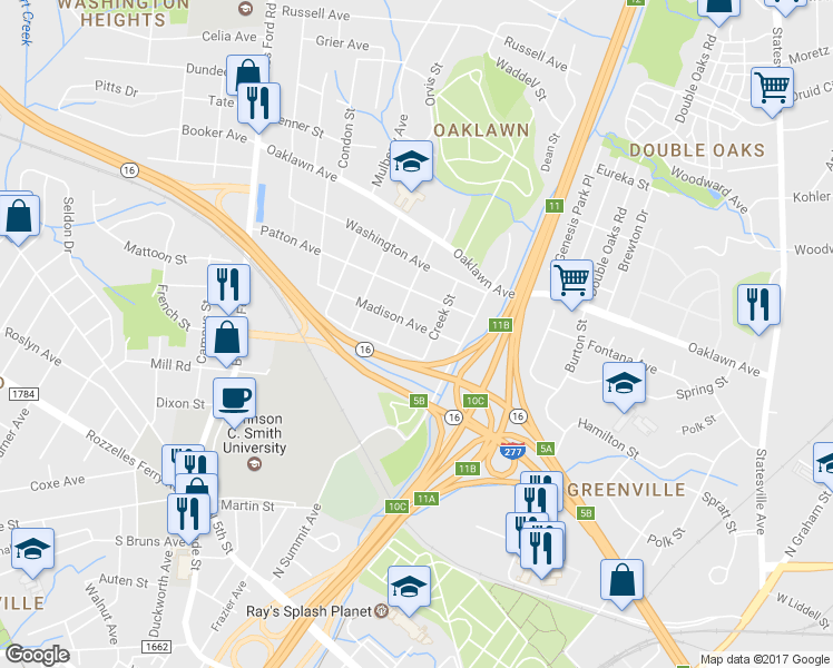 map of restaurants, bars, coffee shops, grocery stores, and more near 1633 Madison Avenue in Charlotte