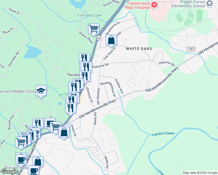 map of restaurants, bars, coffee shops, grocery stores, and more near 132 Highland Road in Brevard