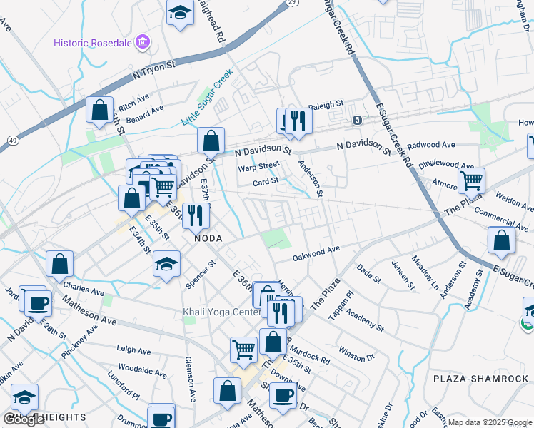 map of restaurants, bars, coffee shops, grocery stores, and more near Noda Boulevard in Charlotte