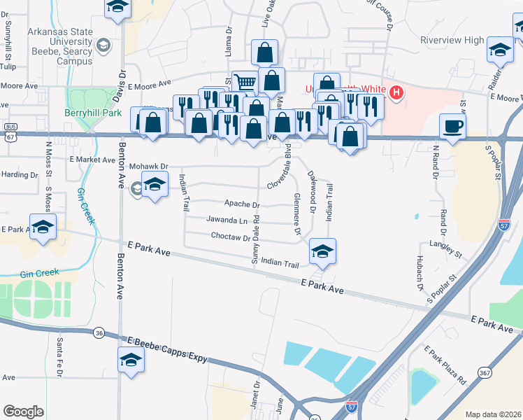 map of restaurants, bars, coffee shops, grocery stores, and more near 11 Apache Drive in Searcy