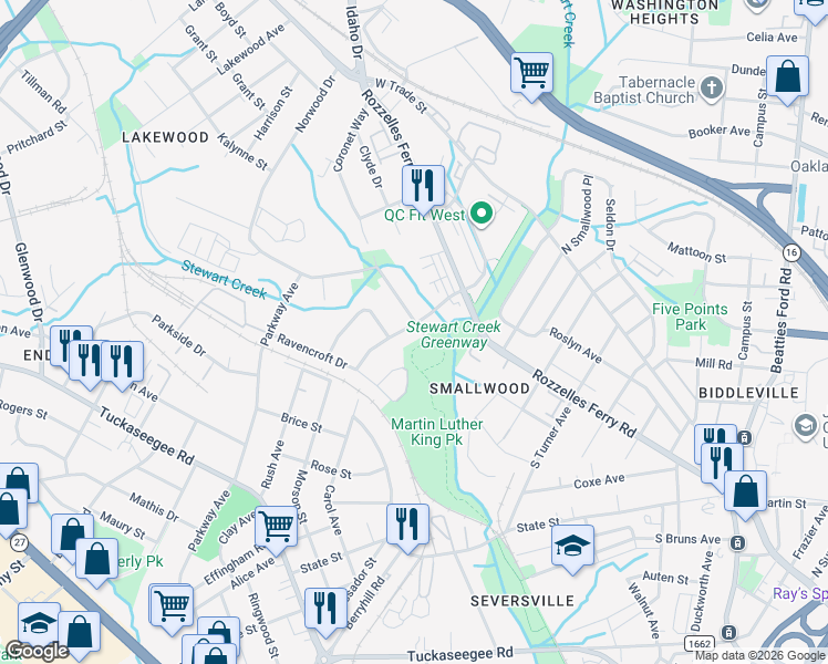 map of restaurants, bars, coffee shops, grocery stores, and more near 801 Yellowstone Drive in Charlotte