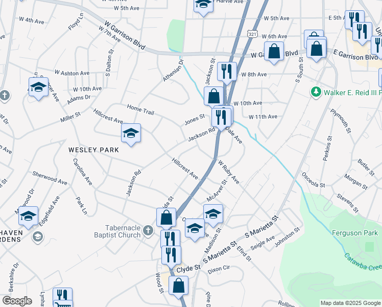 map of restaurants, bars, coffee shops, grocery stores, and more near 1304 Lineberger Avenue in Gastonia