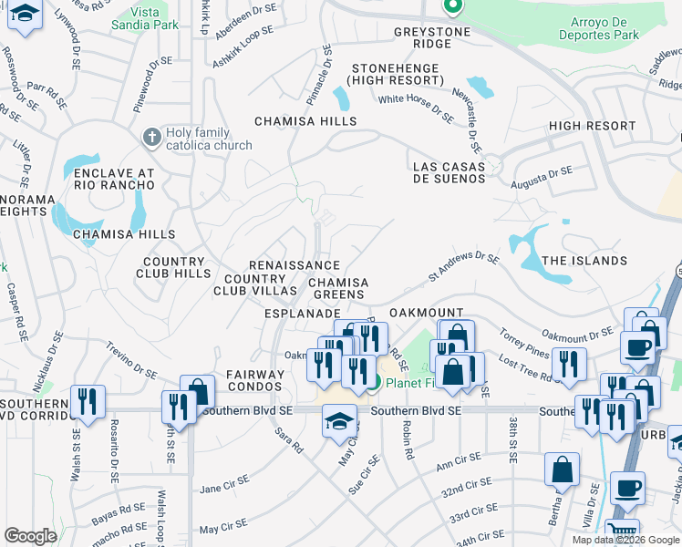 map of restaurants, bars, coffee shops, grocery stores, and more near 705 Troon Drive Southeast in Rio Rancho